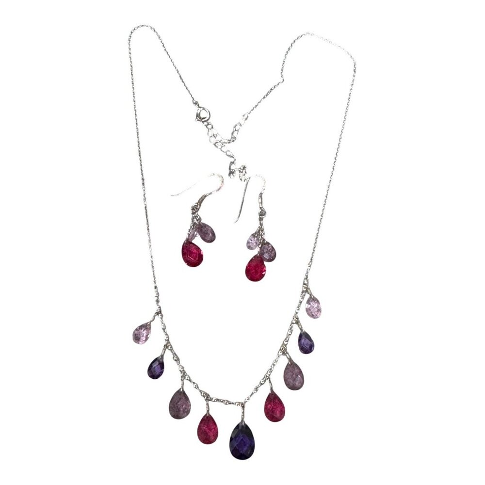 MWS Sterling Silver Faceted Ruby Amethyst Teardrop Gemstone Necklace Earring Set